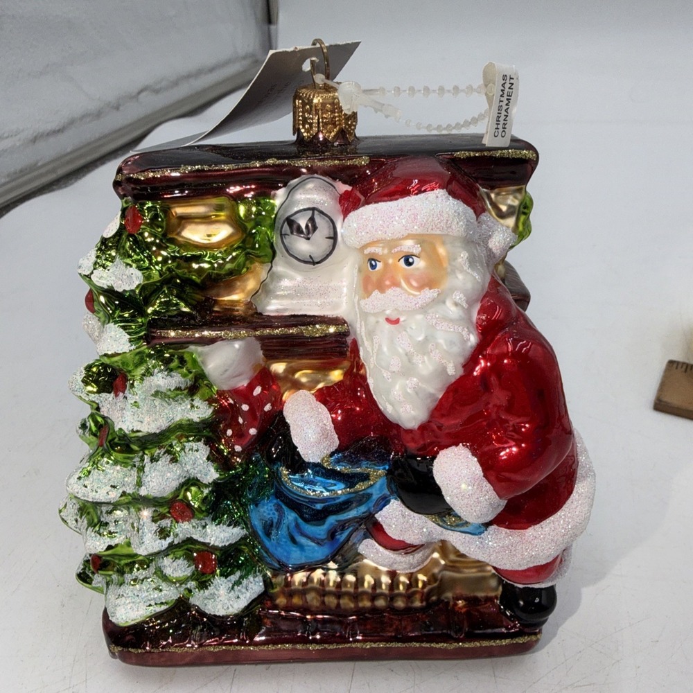 Santa By Fireplace Christmas Ornament Mouth Blown Glass Poland Hand Painted